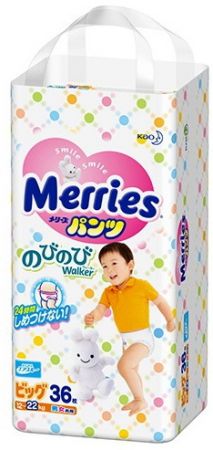 Трусики Merries для малышей Big 36+2 шт от 12 до 22 кг ― Японская косметика в Краснодаре